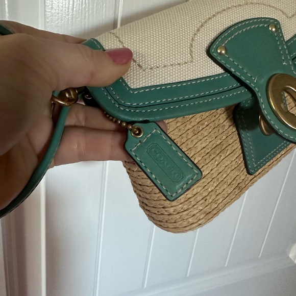 Coach Turnlock Straw and Canvas Clutch, blue/nude, small - Picture 6 of 8